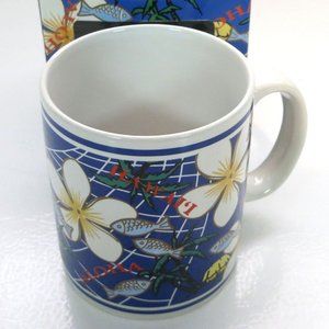 1996 Collectible Jim Lieu Hawaii Coffee Mug Blue Plumeria Aloha Island Heritage